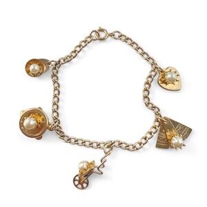 Vintage Charm Faux Pearl Chain Bracelet Tambourine Wheelbarrow Heart Etc
